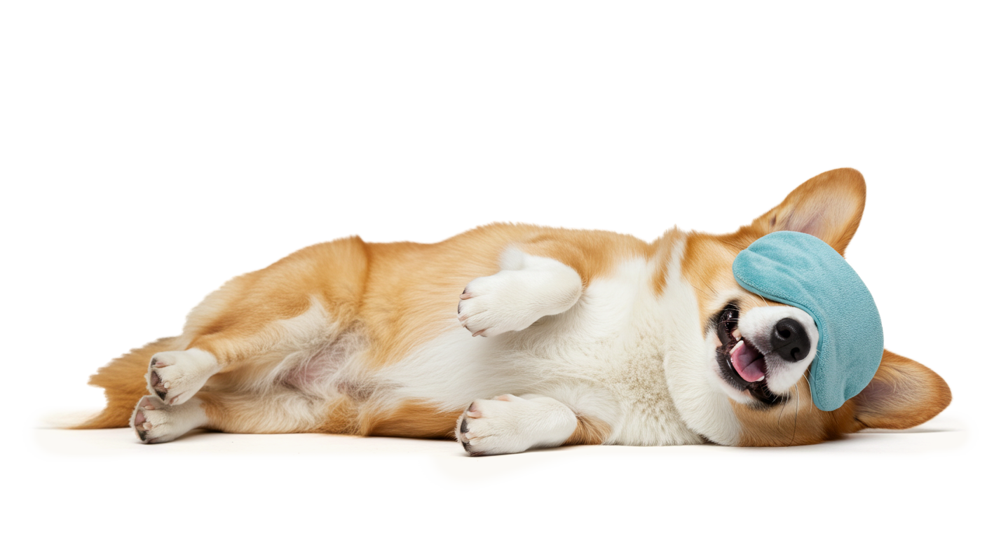 Corgi relaxing with a spa headband over its eyes