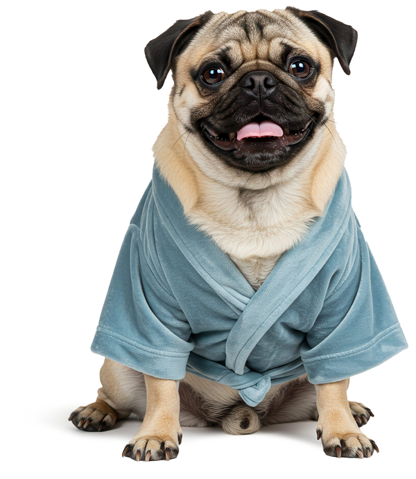 Pug wearing a blue bathrobe after a spa session